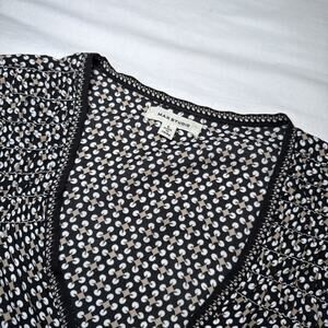 Max Studio Black Tan White Geo Print Elastic Cuff Pleated Blouse Tunic L Top EUC